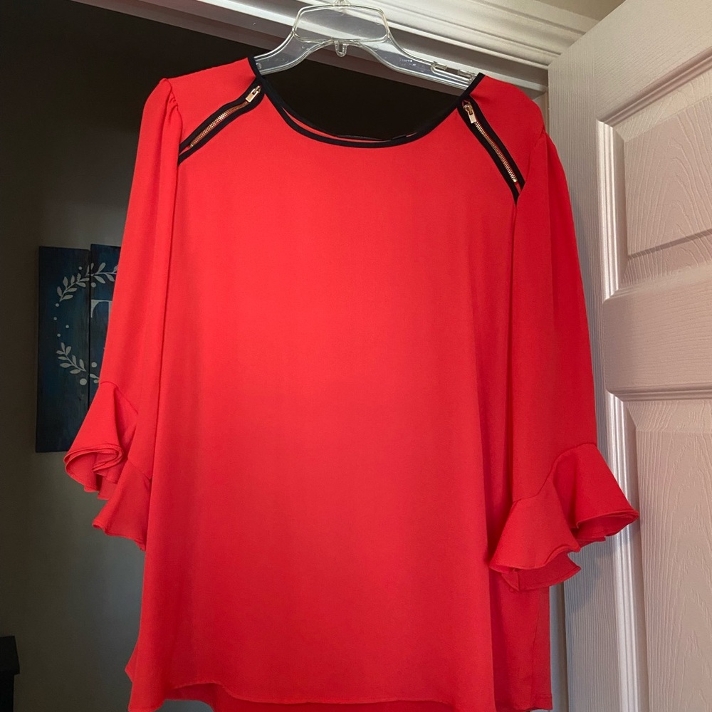 New York & Company Red Blouse with Zipper Accents
